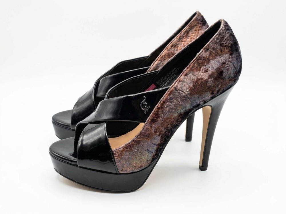 Baby Phat Platform Heels Size 7 Brown Snake Print Black Patent Peep Toe